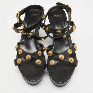 Versace black leather with gold Medusa Medusa wedges